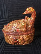 Vintage lidded Duck ceramic dish reddish brown country kitchen farmhouse... - $18.00