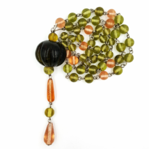 Art Glass Pumpkin Pendant and Beaded Necklace in Avocado Green and Pink - $41.00