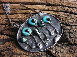 Turquoise howlite flowers pendant flowers necklace stained glass metalwork energ - $34.00