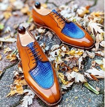 New Crocodile Texture Shoes, Handmade New Men&#39;s Brown Blue Shoe, Men&#39;s Cap Toe 2 - £115.07 GBP