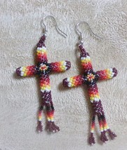 Native American Glass Beaded CROSS Earrings 2&quot; Dangle Brick Red Kiowa Hade Made - £31.96 GBP