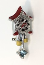 Vintage Cuckoo Clock Brooch Pin Silver Tone &amp; Enamel w/ Rhinestone - £4.79 GBP