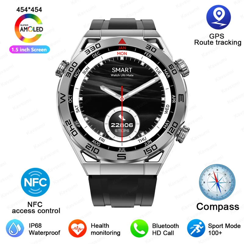 For NFC Smart Watch Men GPS Tracker Motion Bracelet AMOLED 454*454 HD Sc... - $79.35