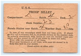 WWII Ship Troop Billet Card With Instructions For Troops In Emergencies - $42.57