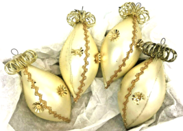 Vintage Wire Wrapped Teardrop Christmas Ornaments Glass 5&quot; Gold Sequin Set 4  - $25.00