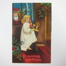 Vintage Christmas Postcard Santa in Window Girl Holds Toys &amp; Candle Antique 1908 - £15.97 GBP