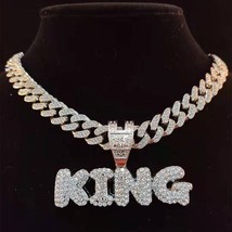 Men Women Hip Hop KING QUEEN Letter Pendant Necklace with 13mm Miami Cuban Chain - £34.80 GBP