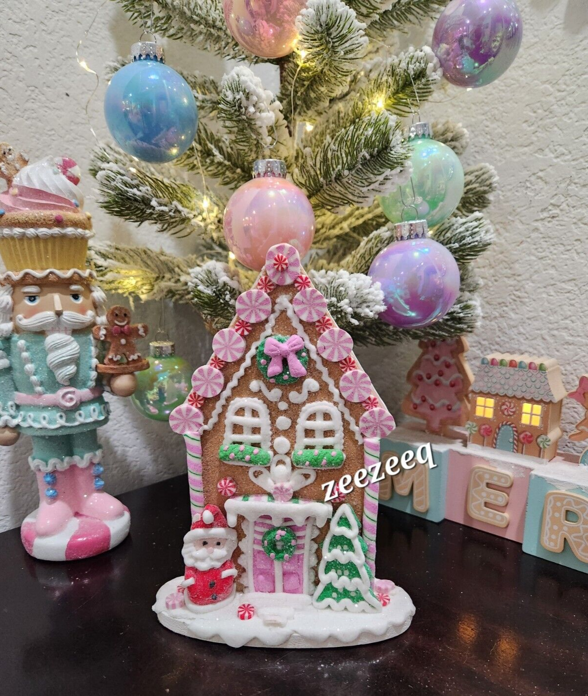 Christmas Pastel Gingerbread House Peppermint Candyland Figurine Decor 9