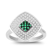 Sterling Silver Clear and Green CZ Micro Pave Square Ring - £78.29 GBP