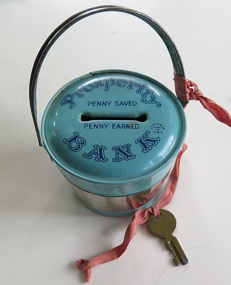 Vintage J. CHEIN & CO Tin Prosperity Bank Blue Tin Bucket w/Handle & Key - $24.69