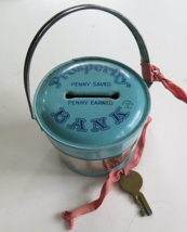 Vintage J. CHEIN &amp; CO Tin Prosperity Bank Blue Tin Bucket w/Handle &amp; Key - £19.31 GBP