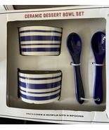White Ceramic Dessert Bowl Set Blue White Striped Chip Pattern - $229.79 MXN