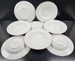 8 Royal Doulton Trent Large Rim Soup Bowls Set Vintage White Gold Trim Dish Lot - £122.32 GBP