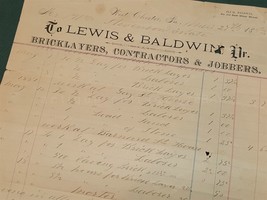 1882 Antique Lewis&amp; Baldwin West Chester Pa Bricklayer Contractor Jobber Receipt - £38.72 GBP