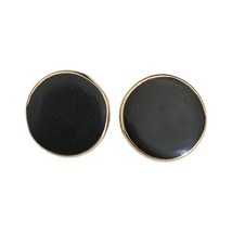Vintage Black Enamel Gold Tone 1&quot; Round Clip On Earrings - $9.89