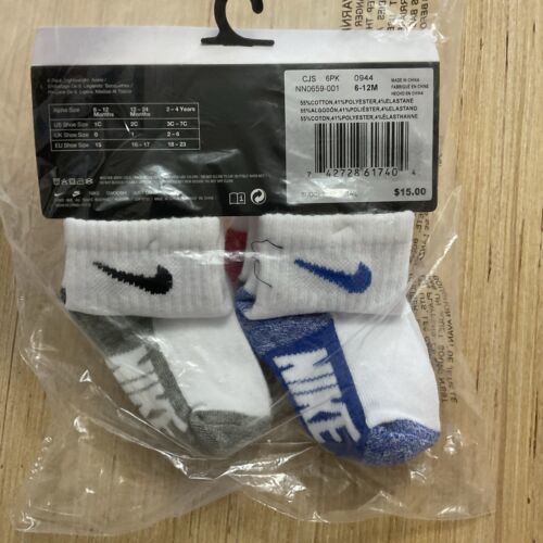 NEW 6-PACK NIKE SWOOSH LIGHTWEIGHT BABY BOYS ANKLE SOCKS 6-12 12-24 MONTHS
