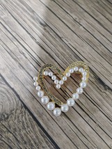 Double Heart Shaped Brooch Gold Tone With Faux Pearls And Crystals - £5.43 GBP