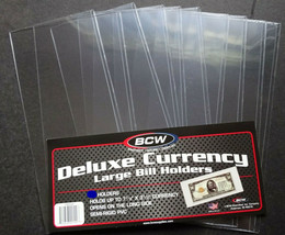 10 Loose BCW Deluxe Large Dollar Bill Currency Semi Rigid Holder Sleeve - $5.49