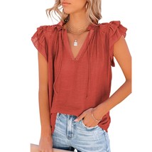 Women&#39;S Boho V-Neck Short Sleeve Summer Ruffle T-Shirt Plus Size Xxl - Red - £37.16 GBP