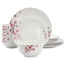Elama Tamara 12 Piece Cherry Blossom Porcelain Dinnerware Set, Pink White - $57.42
