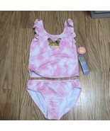 young heart swim girls 2 piece  set pink and white ruffle trim gold butt... - $320.83 MXN