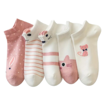 5 Pairs Socks Low Cut Ankle White &amp; Pink Cute Animals Women&#39;s Stockings Hosiery - £11.96 GBP