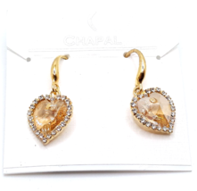 Chapal Zenray Earrings Heart Shaped Champagne Colored Crystals Gold Tone Drop - £10.94 GBP