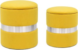 Joveco Round Velvet Storage Ottoman Set Of 2 - Footrest Upholstered, Yellow - £83.63 GBP