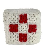 Crochet White Red Granny Square Throw Pillow Ruffle Edge 13&quot; Square Boho... - £14.84 GBP