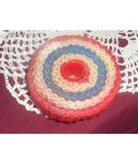 Red Pink &amp; Blue Knit Pin Cushion &amp; Thimble Holder with Red Plastic Thimble - £7.46 GBP