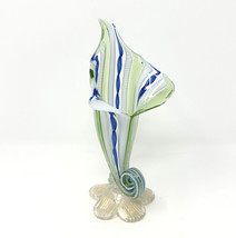 VTG Glass Cornucopia Vase Hand Blown Blue Green &amp; White Zanfirico Latticino 8&quot;H - £68.83 GBP