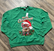 Meowy Christmas Sweatshirt Cat Kitten Green Sound Size XXL IML Holiday - $16.39