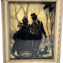 Reverse Painted Courting 1800s Couple with Dog Silhouette Picture Convex Glass - £38.44 GBP