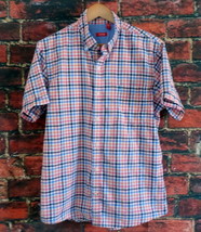 Izod Men&#39;s Casual Short Sleeve Shirt L Plaid Cotton Orange Blue Red Mult... - £8.89 GBP
