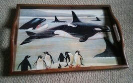 Killer Whale Orca Penguin Artic Serving Tray Wood VIntage 18x12.5 - $19.99