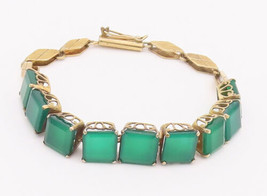 925 Sterling Silver Vintage Bracelet Solid Gold Plated Square Green Jade BT10376 - $87.37