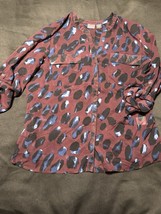 Covington Women’s Blouse Maroon Blue Leopard Print Sheer Roll Tab Sleeve... - $11.95