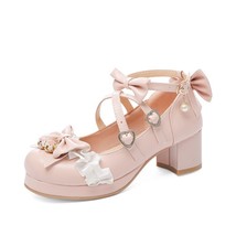 Lolita Shoes Women Platform Round with Cross Straps Bow Cute Girls Princess Tea  - £49.31 GBP