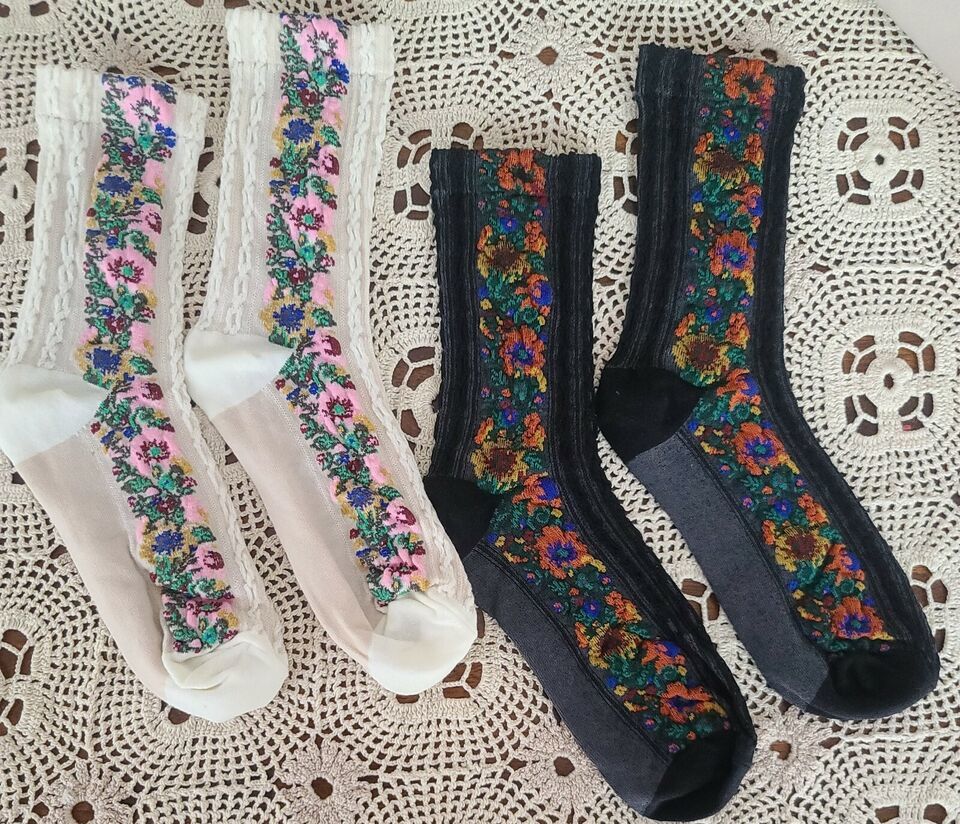 Two (2) Pair ~ Handcrafted ~ 1~ Black &amp; 1~Ivory ~ Floral ~ Knit Ankle/Cr... - $14.96