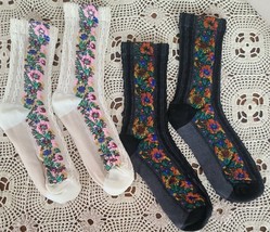 Two (2) Pair ~ Handcrafted ~ 1~ Black &amp; 1~Ivory ~ Floral ~ Knit Ankle/Cr... - $14.96