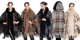 Plaid Hooded Ponchos w Fur Trim - Open Front Batwing Blanket Shawl Ruana Cloak - £34.32 GBP