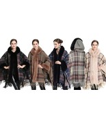 Plaid Hooded Ponchos w Fur Trim - Open Front Batwing Blanket Shawl Ruana... - £33.96 GBP