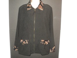 NEW Susan Graver Jacket Size L Black Moleskin with Tapestry Trim Zip Front Large - £24.26 GBP