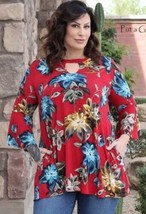 Hayzel Usa Plus Size Medium Womens Deep Red Floral Keyhole Tunic Shirt Pockets - £28.85 GBP