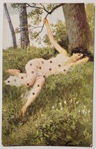 Pretty Woman Sheer Dress on Grass Golden Polka Dot Applique Artist Postcard G28 - £10.40 GBP