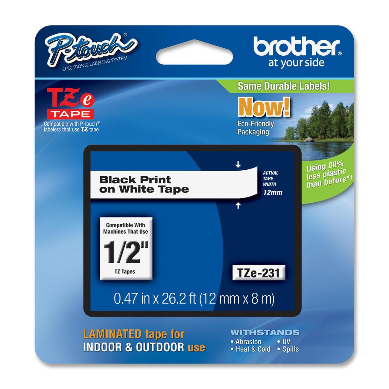 Brother TZe231 12mm 1/2 inch black on white tape PT1290RS PTH100 PTH300 PTH300LI