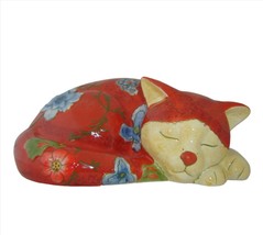Cat Figurine Sleeping 10&quot; Long Ceramic Orange Calico Tabby Whimsical Floral - £27.68 GBP