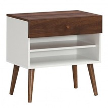 Mid-Century Nightstand with Drawer and Rubber Wood Legs - Color: Brown - £56.49 GBP