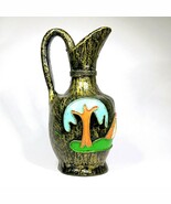 Mexican Pottery Abstract Trees &amp; House Pitcher Vintage MCM Folk Art Deco... - $54.42 CAD