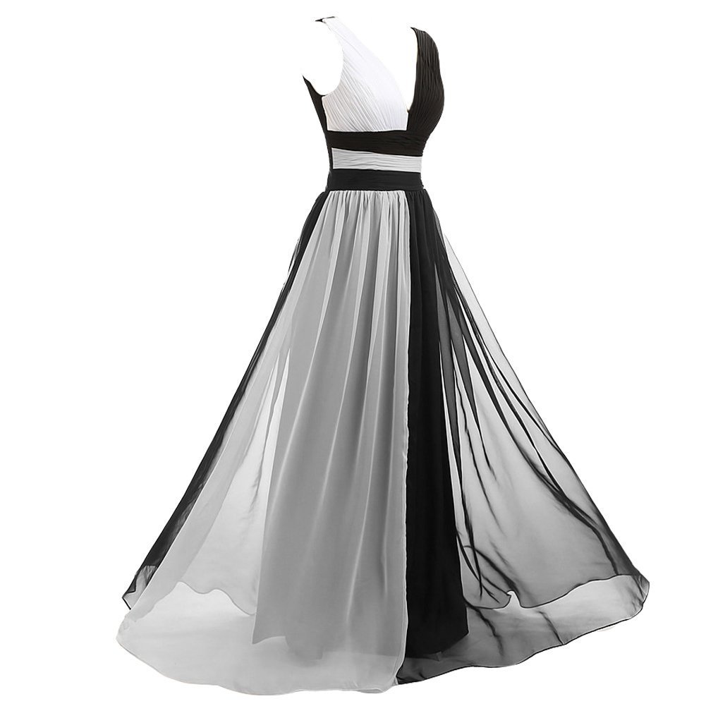 Kivary V Neck Long Black and White Chiffon Pleats Simple Prom Evening Dresses Si
